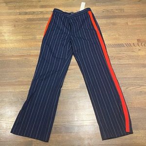 Navy and red pin-striped pants
